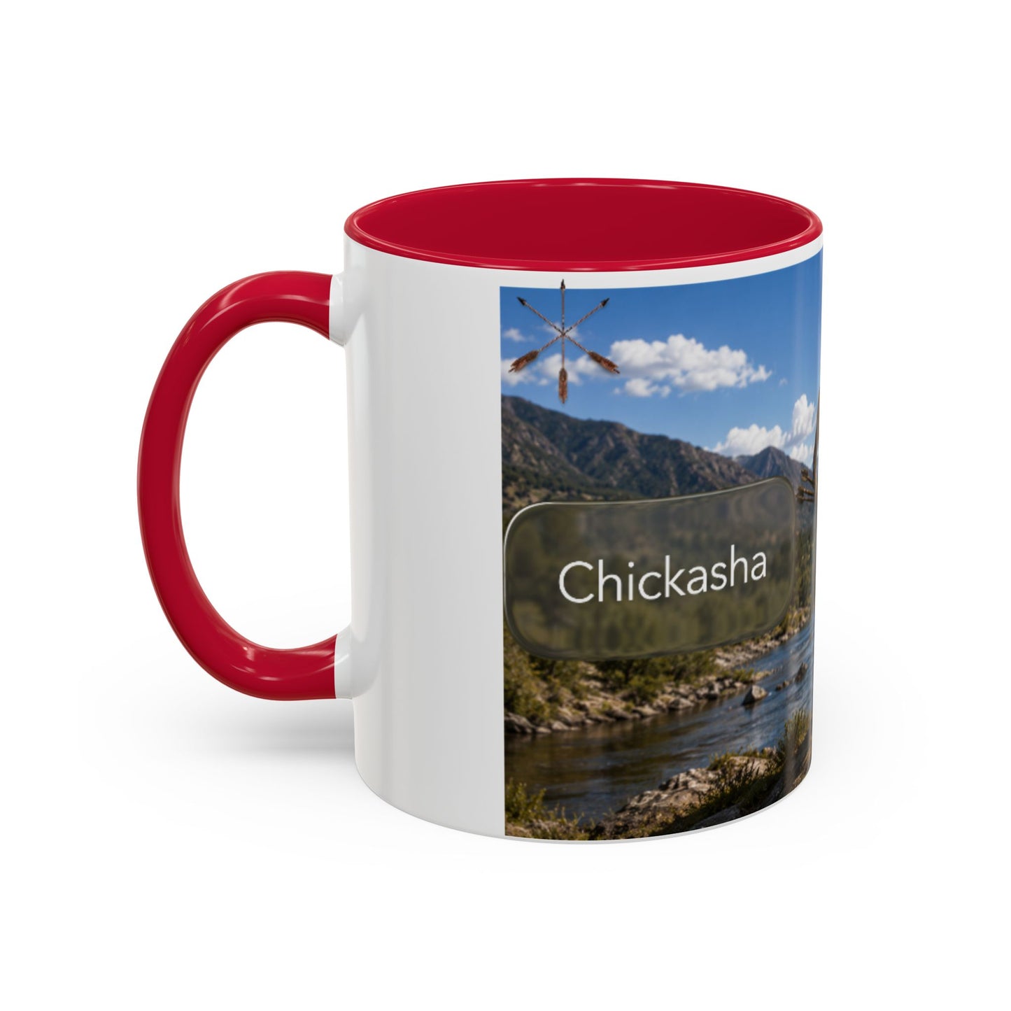Chickasaw Warrior Statue Scenic Mug — Mythic Landscape Coffee Cup (11oz/15oz)