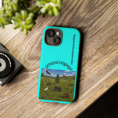 Seneca Cayuga Wildlife iPhone Case — "Keepers of the Western Door" Teal Protective Cover