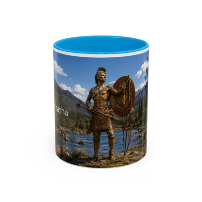 Chickasaw Warrior Statue Scenic Mug — Mythic Landscape Coffee Cup (11oz/15oz)