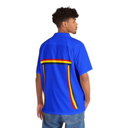 Ribbon Shirt inspired Blue Hawaiian Shirt with Rainbow Ribbon Trim — Men's Aloha Shirt