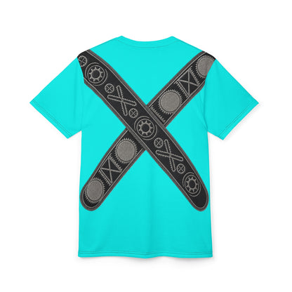 Bandolier Turquoise X Gear Tee — Industrial Steampunk Crossed Belt All-Over Print T‑Shirt