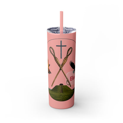 Kialegee 20oz Skinny Tumbler — Faith & Outdoor Lacrosse Design with Cross, Sticks, Campfire