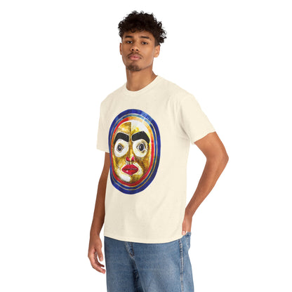 Moon Mask Art Tee — Colorful Surreal Face Graphic T-Shirt