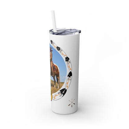 Kiowa Native Warrior on Horse 20oz Skinny Tumbler — Indigenous Heritage Travel Cup with Straw