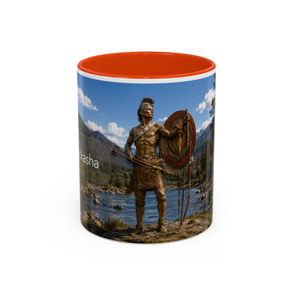 Chickasaw Warrior Statue Scenic Mug — Mythic Landscape Coffee Cup (11oz/15oz)