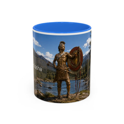 Chickasaw Warrior Statue Scenic Mug — Mythic Landscape Coffee Cup (11oz/15oz)