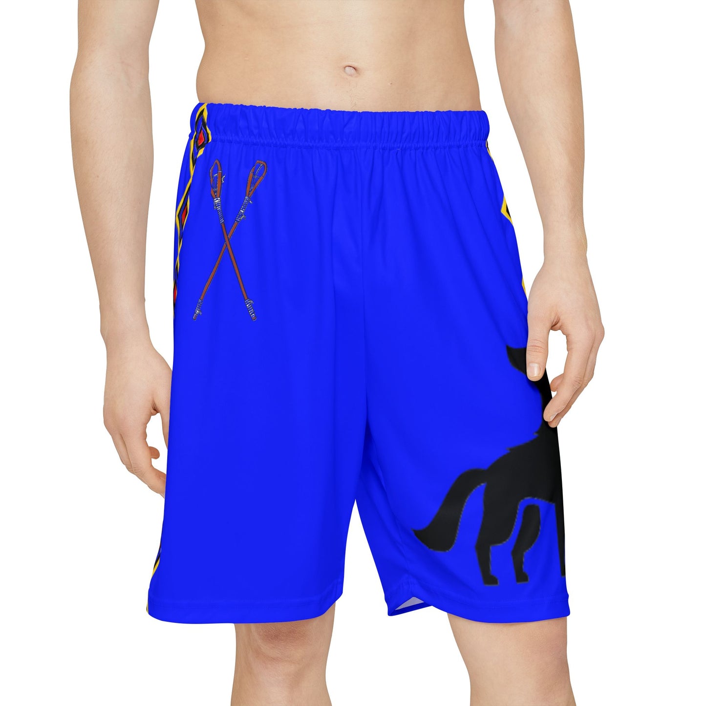Blue Wolf Choctaw Graphic Sports Shorts — Red Tribal Print "NASHOBA" Athletic Shorts