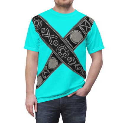 Bandolier Turquoise X Gear Tee — Industrial Steampunk Crossed Belt All-Over Print T‑Shirt
