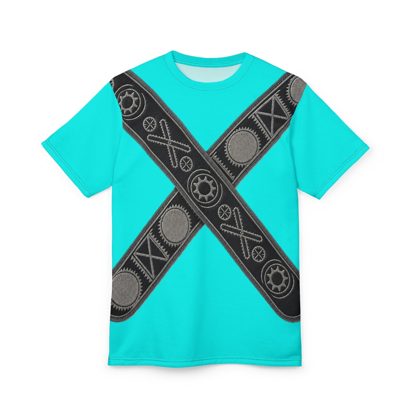 Bandolier Turquoise X Gear Tee — Industrial Steampunk Crossed Belt All-Over Print T‑Shirt