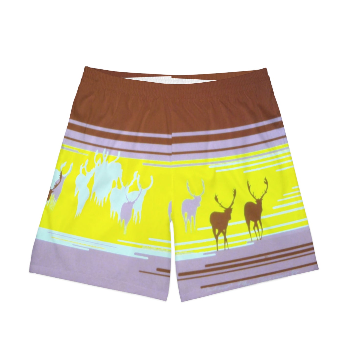 Caribou Stripe Beach Shorts — Retro Yellow & Brown All-Over Print
