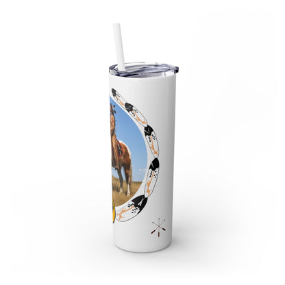 Kiowa Native Warrior on Horse 20oz Skinny Tumbler — Indigenous Heritage Travel Cup with Straw