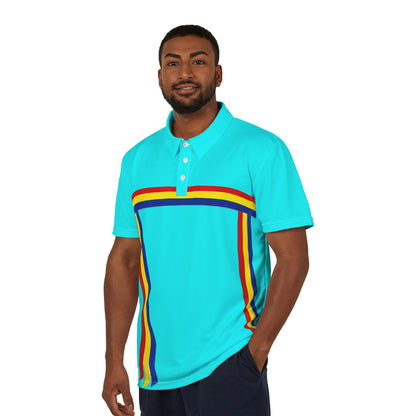 Ribbon Shirt Turquoise Retro Stripe Polo Shirt — Vintage Rainbow Trim Golf Polo
