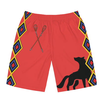 Mvskoke Wolf Silhouette Men's Board Shorts — Black & White Graphic Swim Trunks