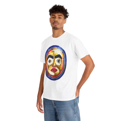 Moon Mask Art Tee — Colorful Surreal Face Graphic T-Shirt