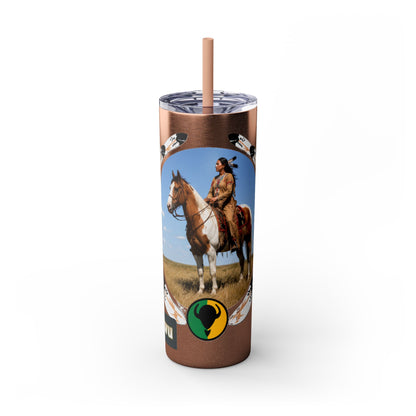 Kiowa Native Warrior on Horse 20oz Skinny Tumbler — Indigenous Heritage Travel Cup with Straw