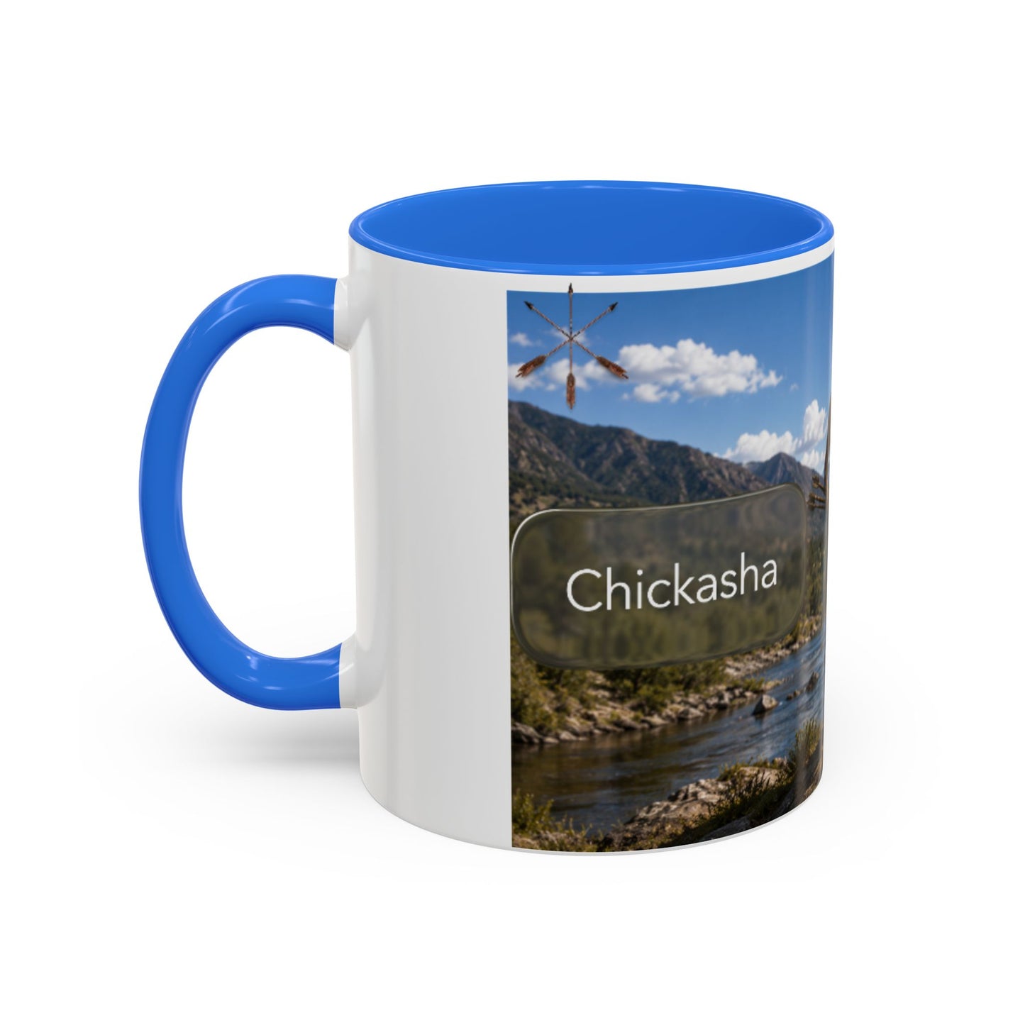 Chickasaw Warrior Statue Scenic Mug — Mythic Landscape Coffee Cup (11oz/15oz)