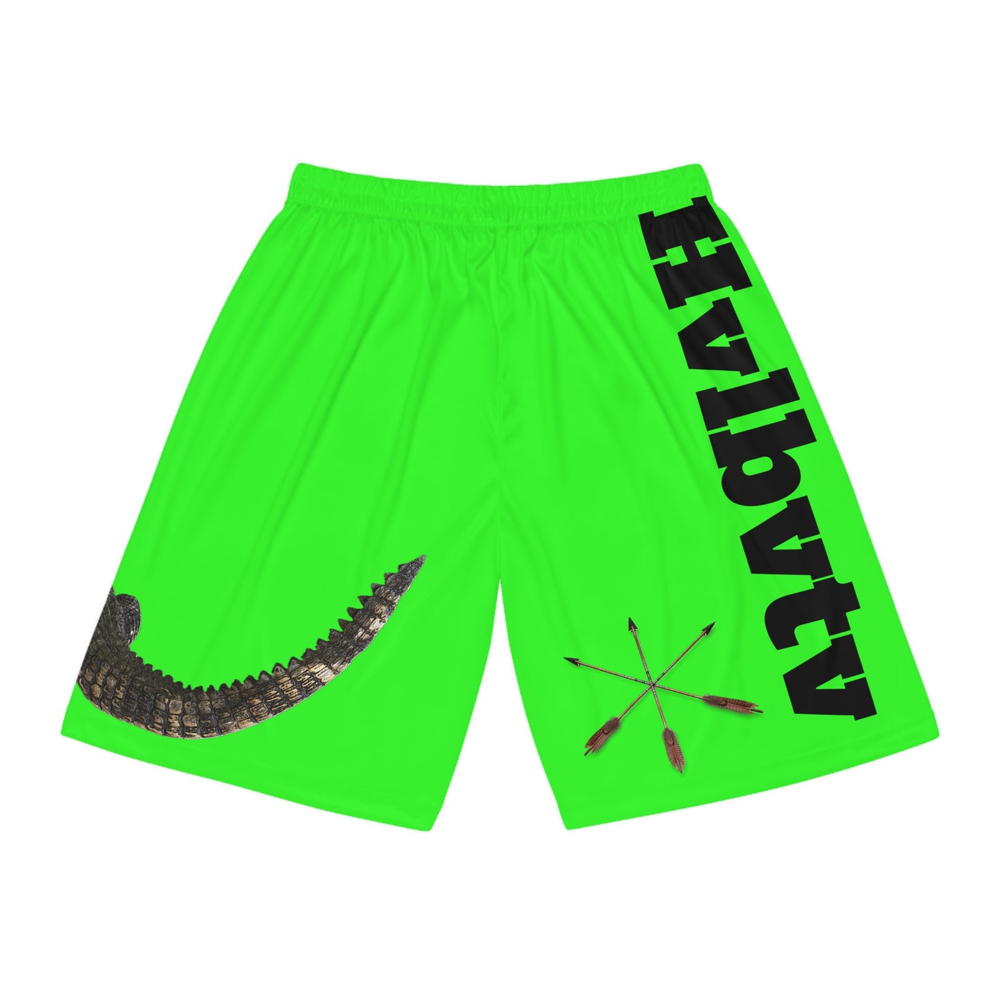 Alligator Hvlbvtv Lacrosse Shorts — Neon Green Graphic Basketball Shorts with Croc & Sticks