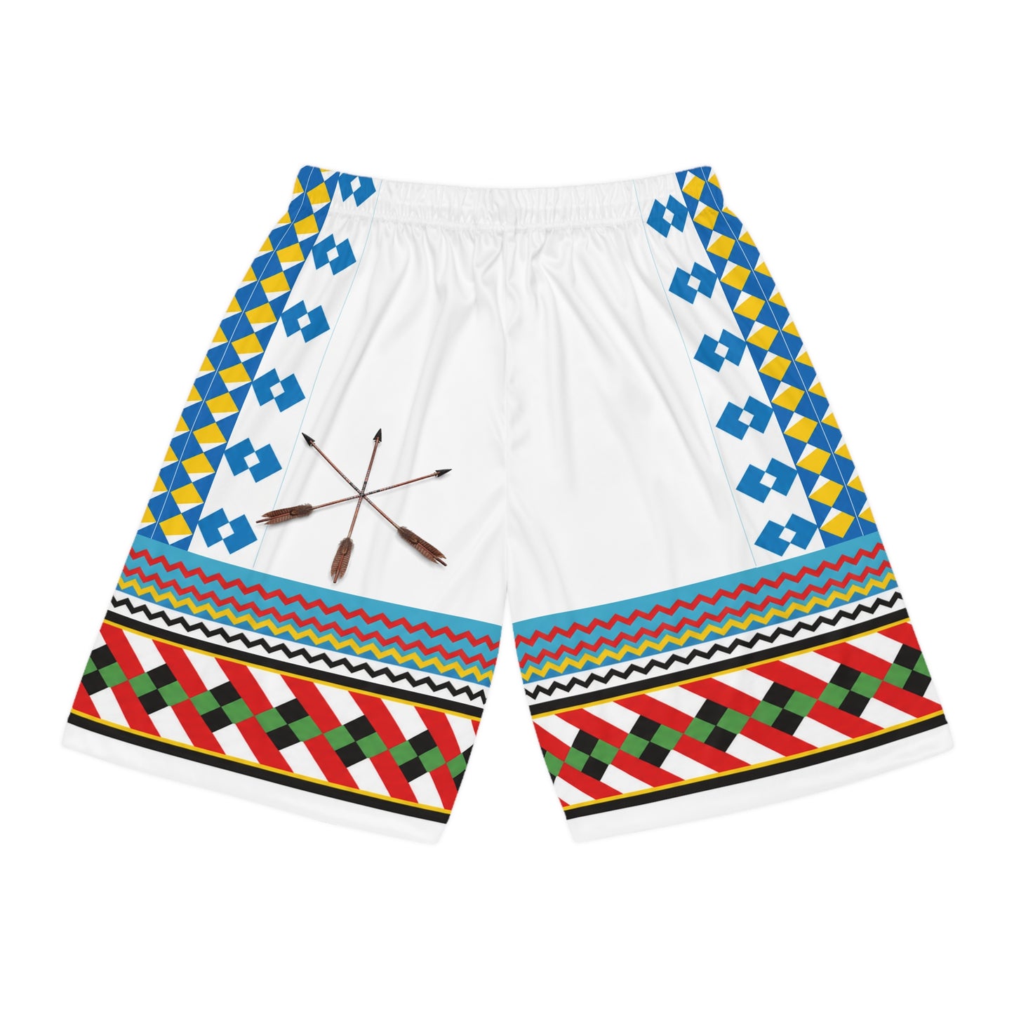 Seminole Inspired Pattern Basketball Shorts — Colorful Geometric AOP Athletic Shorts