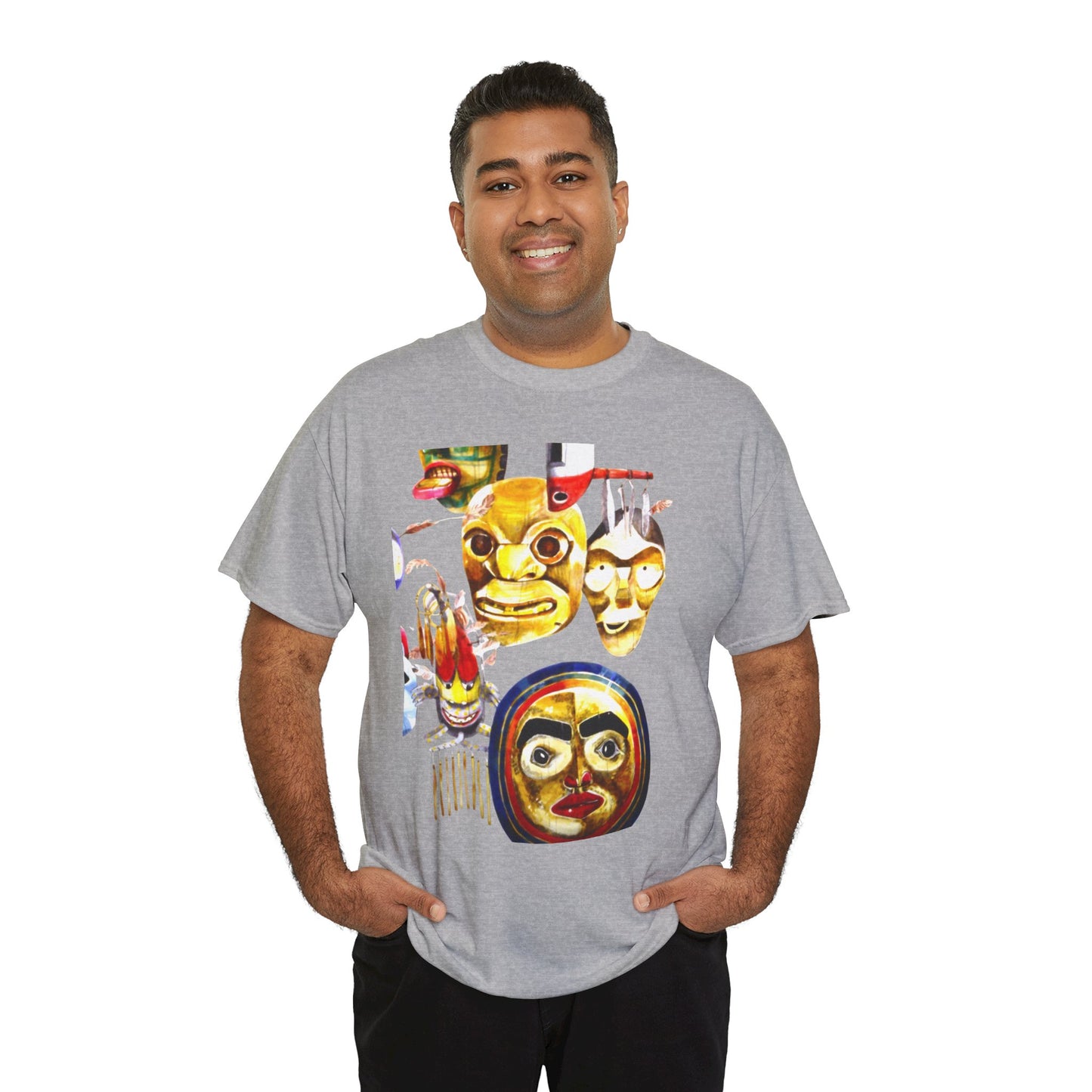 Mask Print Tee — Tribal Mask Artwork T‑Shirt with Arrow Backprint