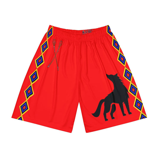 Wolf Choctaw Graphic Sports Shorts — Red Tribal Print "NASHOBA" Athletic Shorts