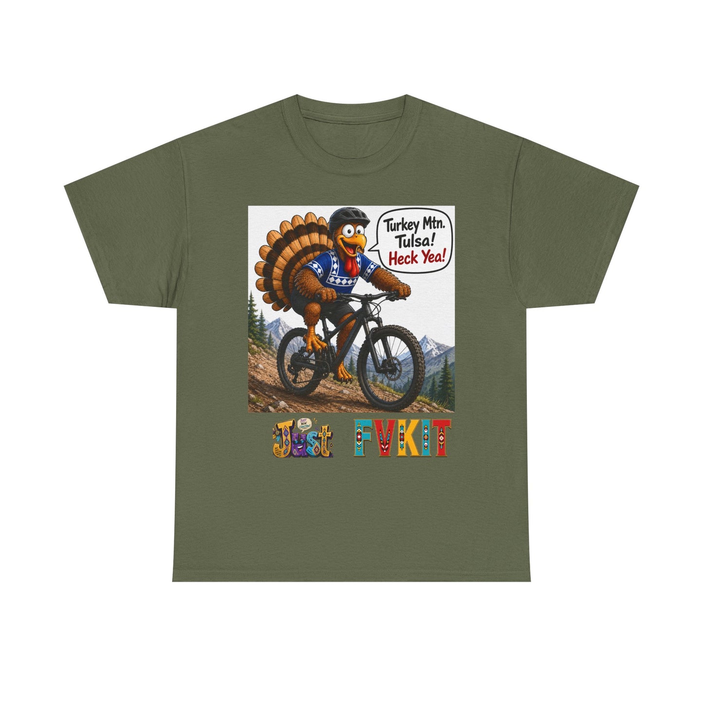 Turkey Mountain Biker Tee — 'Turkey Mtn Tulsa! Heck Yeah!' Graphic T-Shirt
