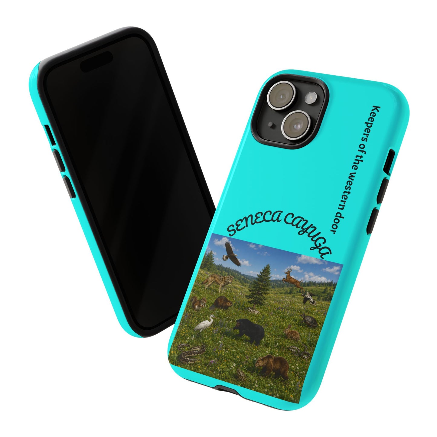 Seneca Cayuga Wildlife iPhone Case — "Keepers of the Western Door" Teal Protective Cover