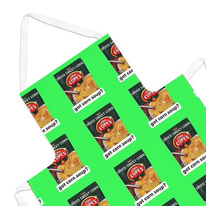Copes Corn Apron — Retro Canned Sweet Corn Pattern on Bright Green
