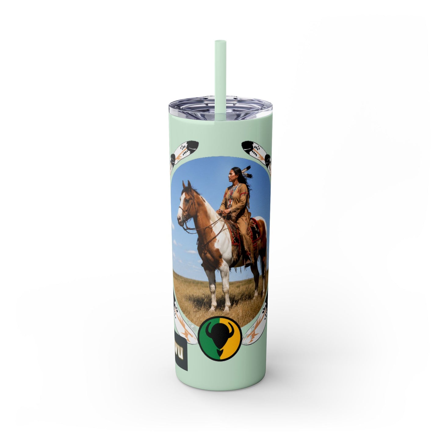Kiowa Native Warrior on Horse 20oz Skinny Tumbler — Indigenous Heritage Travel Cup with Straw