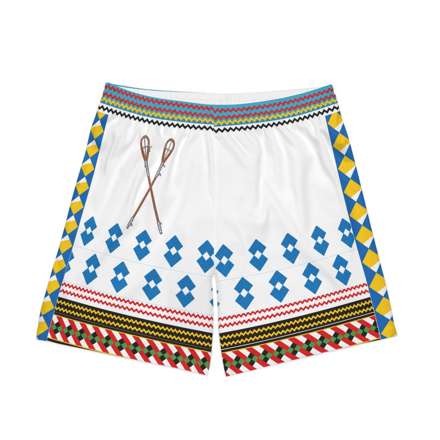 Seminole Tribal Paddle Pattern Men's Beach Shorts — White Geometric AOP Swim Trunks