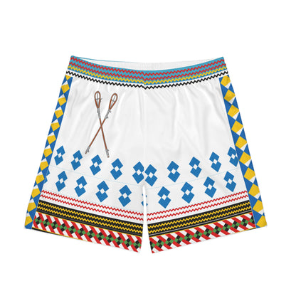 Seminole Tribal Paddle Pattern Men's Beach Shorts — White Geometric AOP Swim Trunks