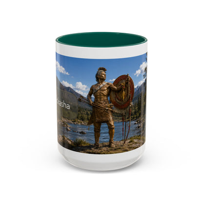 Chickasaw Warrior Statue Scenic Mug — Mythic Landscape Coffee Cup (11oz/15oz)