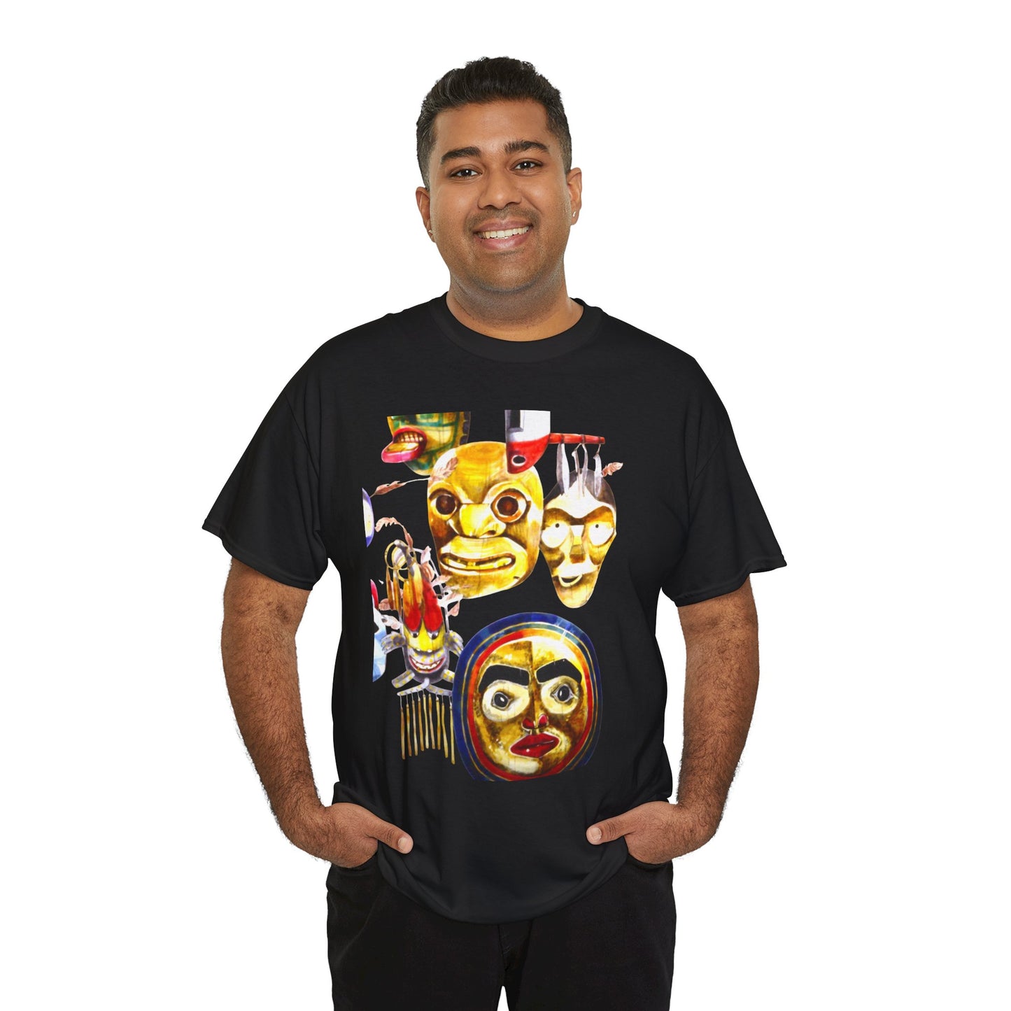 Mask Print Tee — Tribal Mask Artwork T‑Shirt with Arrow Backprint