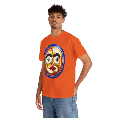 Moon Mask Art Tee — Colorful Surreal Face Graphic T-Shirt
