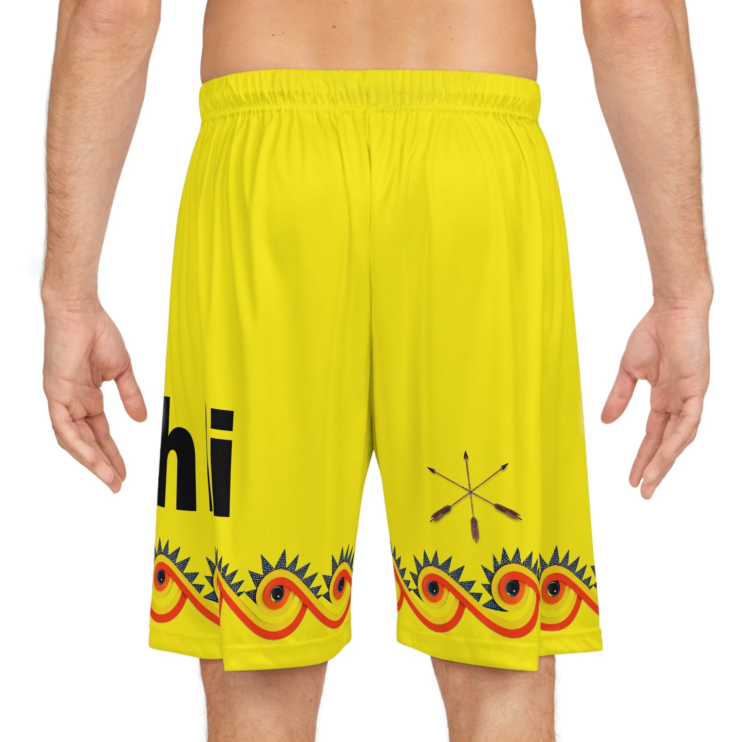 Wind Choctaw Basketball Shorts — Bright Yellow Tribal Lacrosse Graphic AOP