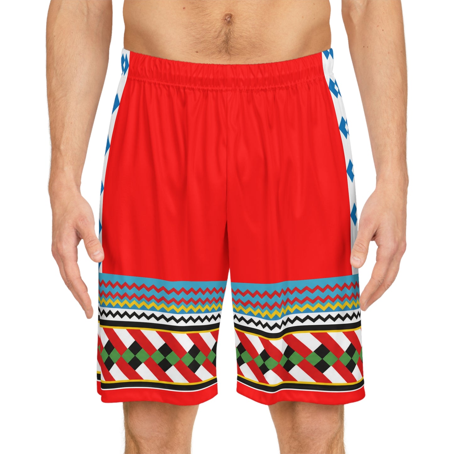 Red Seminole Inspired Pattern Basketball Shorts — Colorful Geometric AOP Athletic Shorts