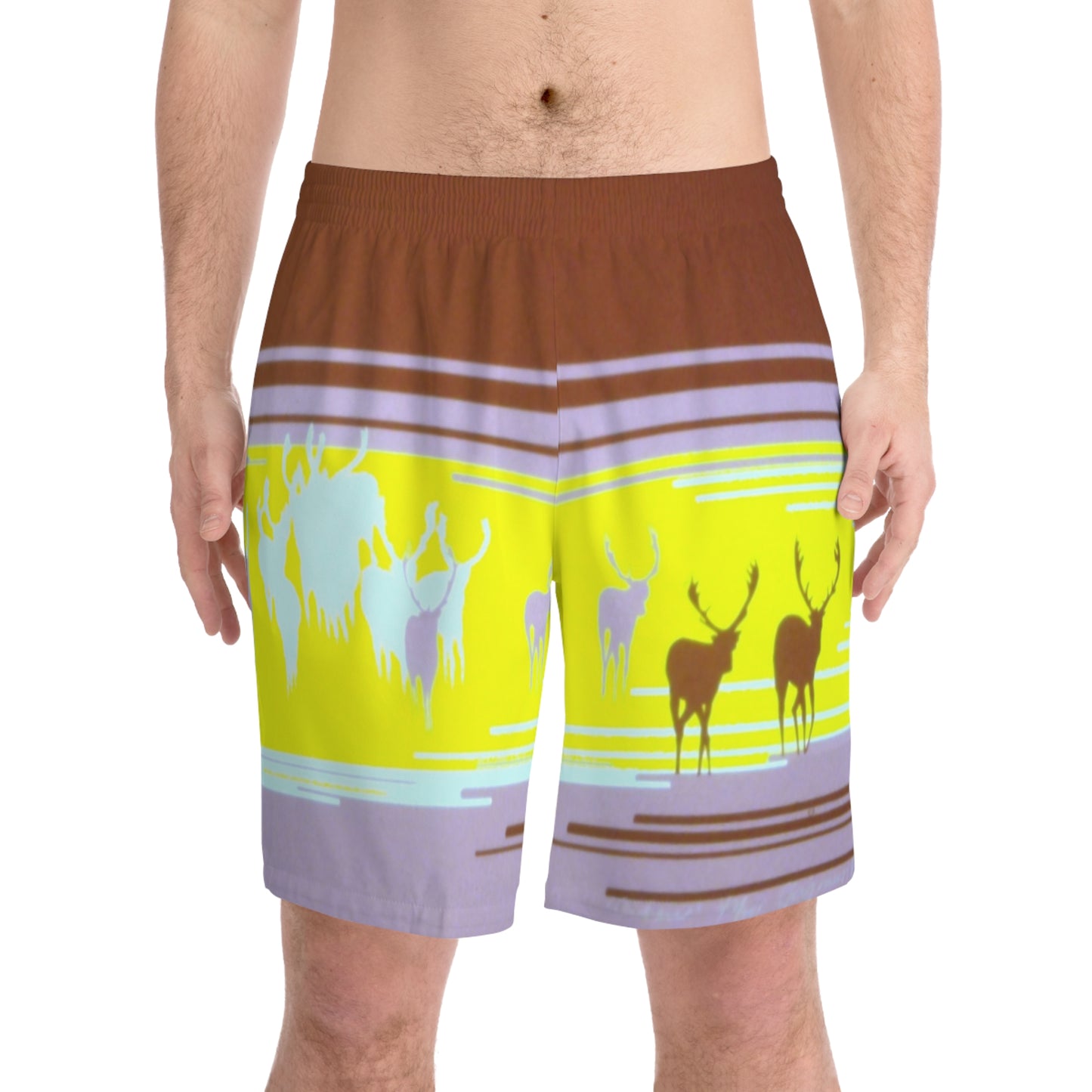 Caribou Stripe Beach Shorts — Retro Yellow & Brown All-Over Print