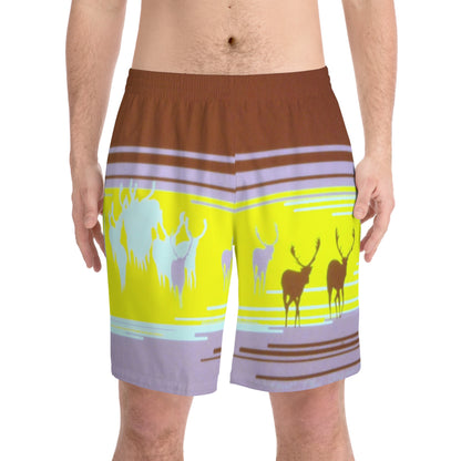 Caribou Stripe Beach Shorts — Retro Yellow & Brown All-Over Print