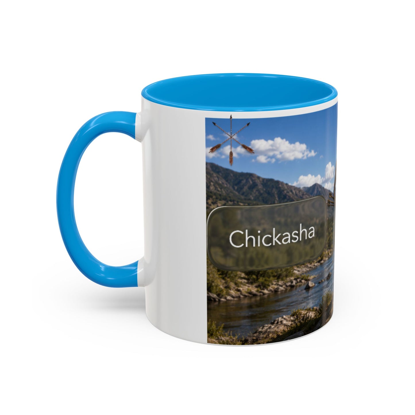 Chickasaw Warrior Statue Scenic Mug — Mythic Landscape Coffee Cup (11oz/15oz)