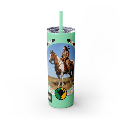 Kiowa Native Warrior on Horse 20oz Skinny Tumbler — Indigenous Heritage Travel Cup with Straw