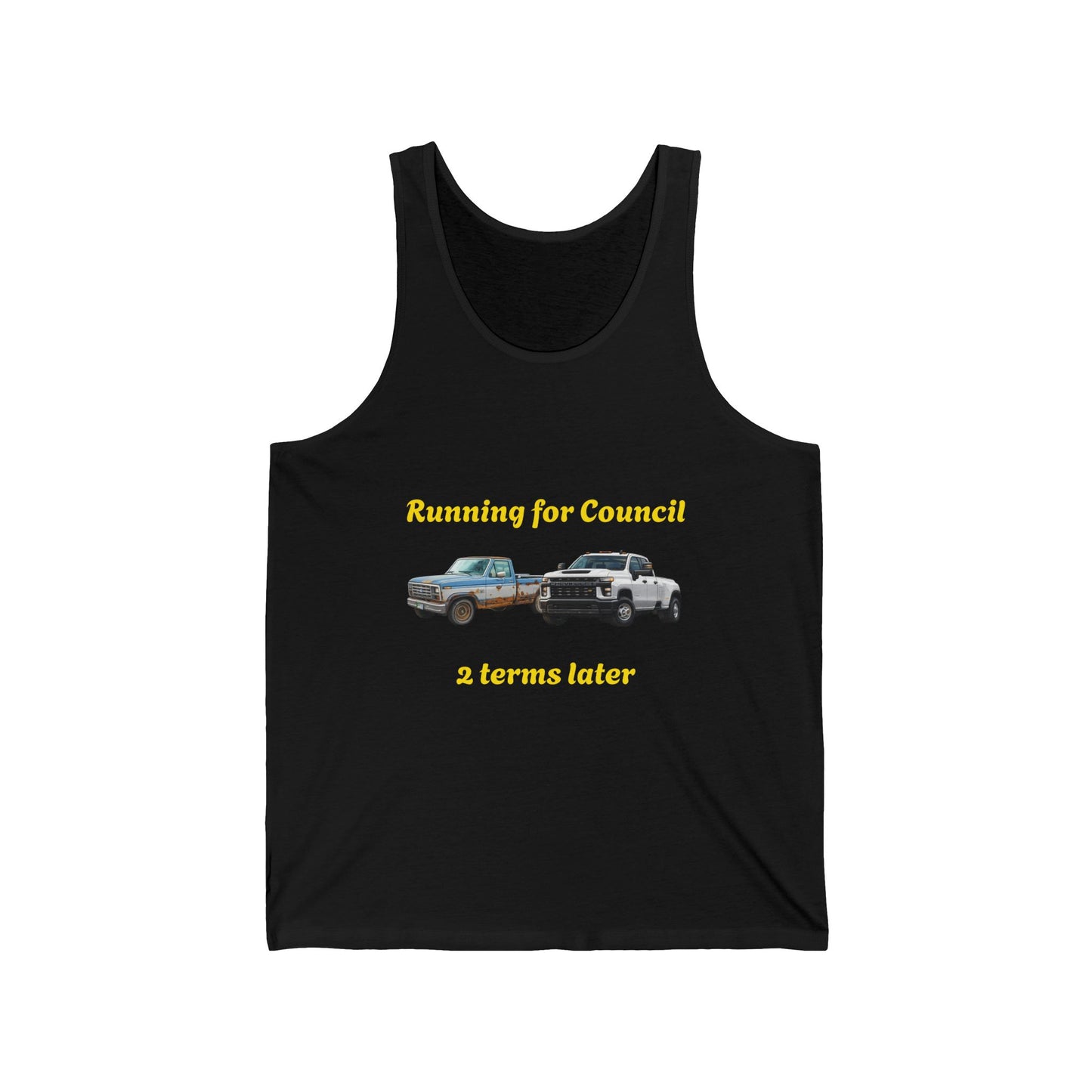 Campaign Tank Top – "Running for Council 2 Terms Later" Political Car Graphic