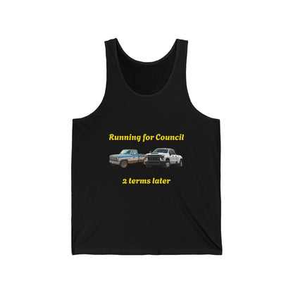 Campaign Tank Top – "Running for Council 2 Terms Later" Political Car Graphic