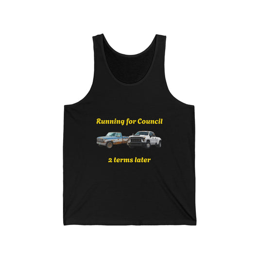 Campaign Tank Top – "Running for Council 2 Terms Later" Political Car Graphic