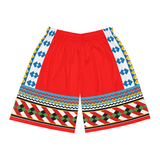 Red Seminole Inspired Pattern Basketball Shorts — Colorful Geometric AOP Athletic Shorts
