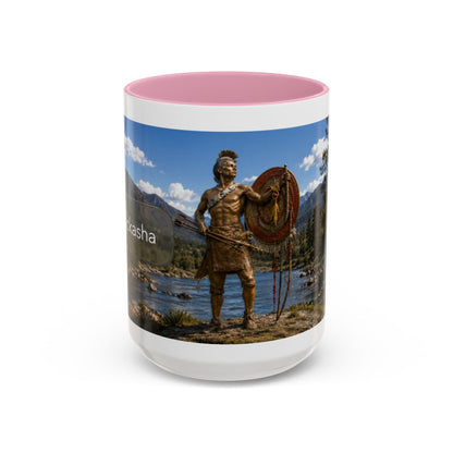 Chickasaw Warrior Statue Scenic Mug — Mythic Landscape Coffee Cup (11oz/15oz)