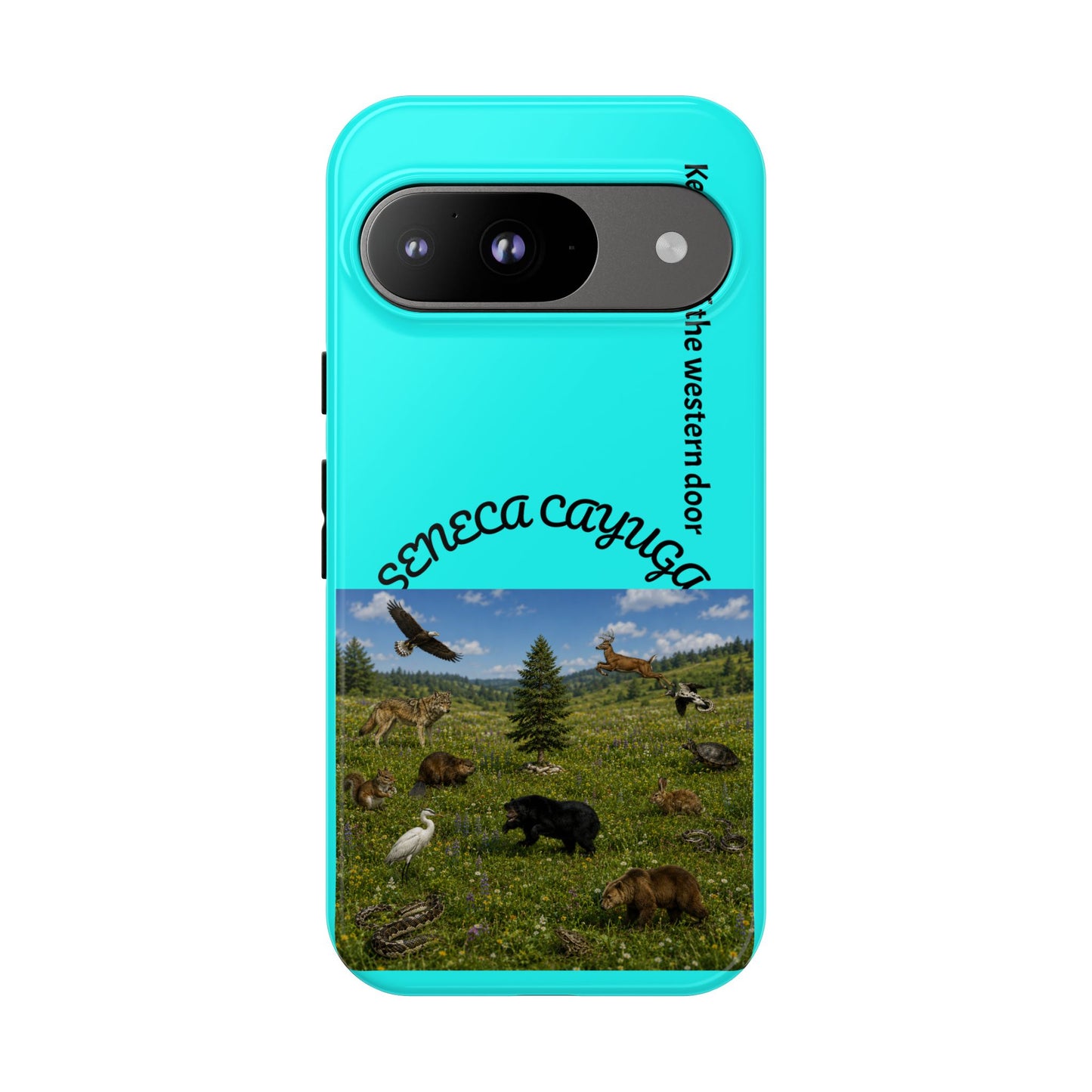 Seneca Cayuga Wildlife iPhone Case — "Keepers of the Western Door" Teal Protective Cover