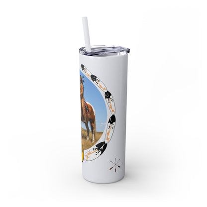 Kiowa Native Warrior on Horse 20oz Skinny Tumbler — Indigenous Heritage Travel Cup with Straw