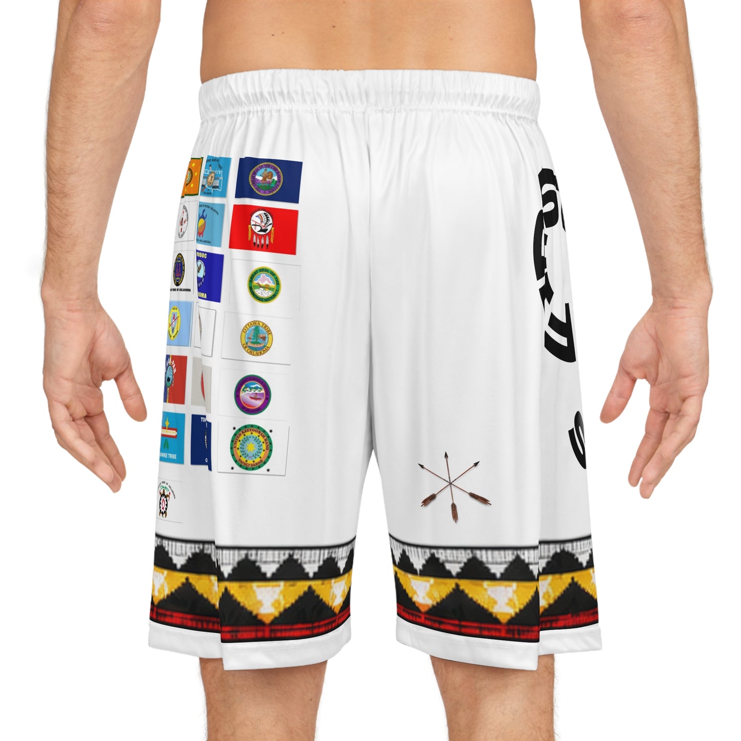 Native Nations Flag Basketball Shorts — Tribal Pattern All-Over Print