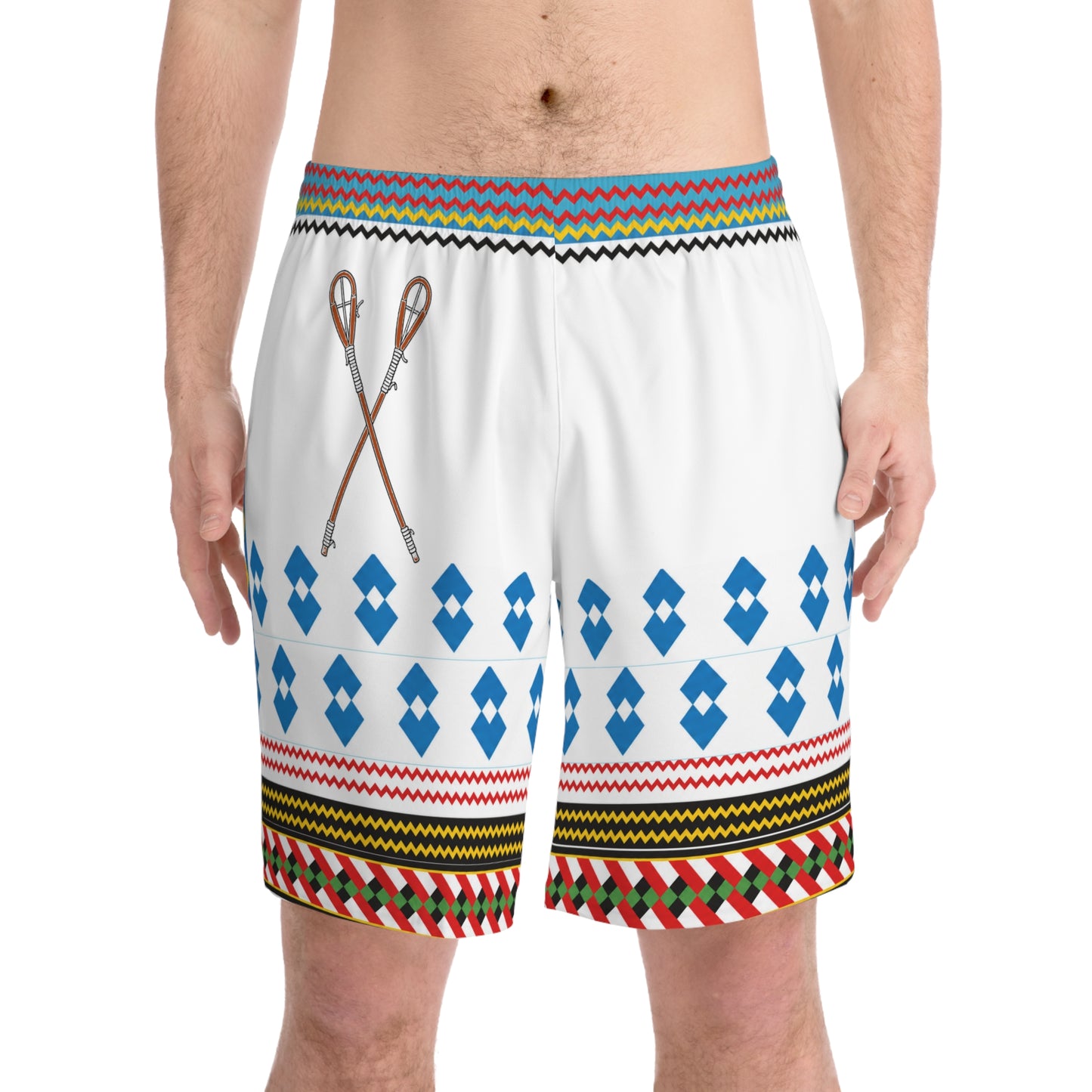 Seminole Tribal Paddle Pattern Men's Beach Shorts — White Geometric AOP Swim Trunks