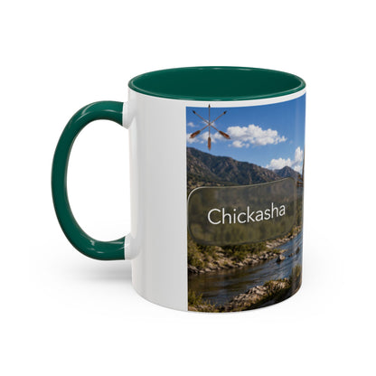 Chickasaw Warrior Statue Scenic Mug — Mythic Landscape Coffee Cup (11oz/15oz)