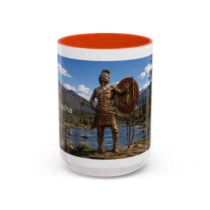 Chickasaw Warrior Statue Scenic Mug — Mythic Landscape Coffee Cup (11oz/15oz)